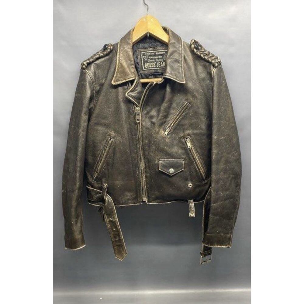 VNT Leather 1990s Guess Jacket Brown Distressed Rare Georges Marciano Med 42w